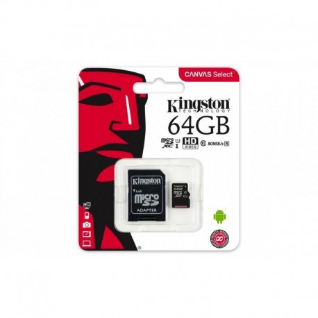 Tarjeta de Memoria MicroSD Kingston Canvas Select 64GB Clase 10 + Adaptador